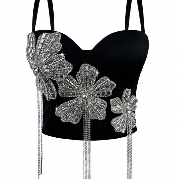 Black Diamond Studded Sparkling Flower Camisole Sexy Woman Fishbone Corset Top - Picture 2 of 7